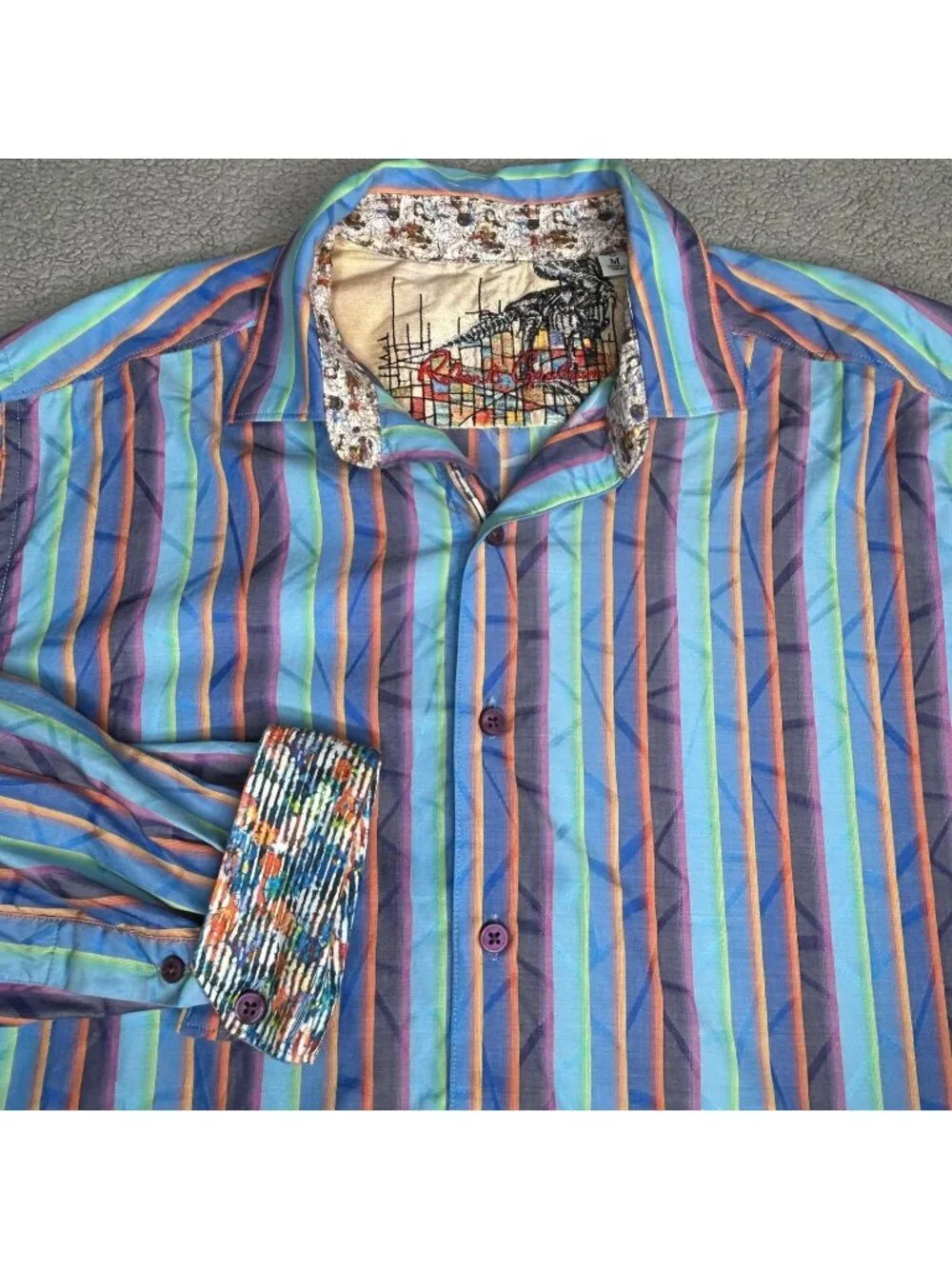 Robert Graham Shirt Mens M Multicolor Stripe Long Sleeve Flip Cuff Embroidered